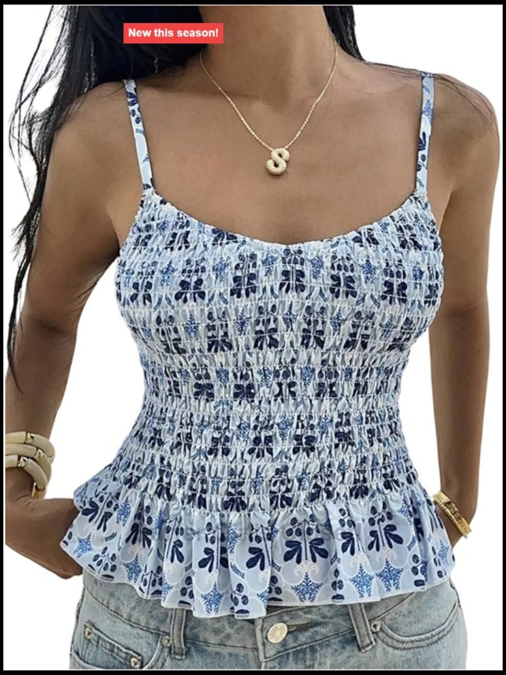 Boho Scoop Neck Cami Top Shirred Spaghetti Strap Ruffle Sleeveless